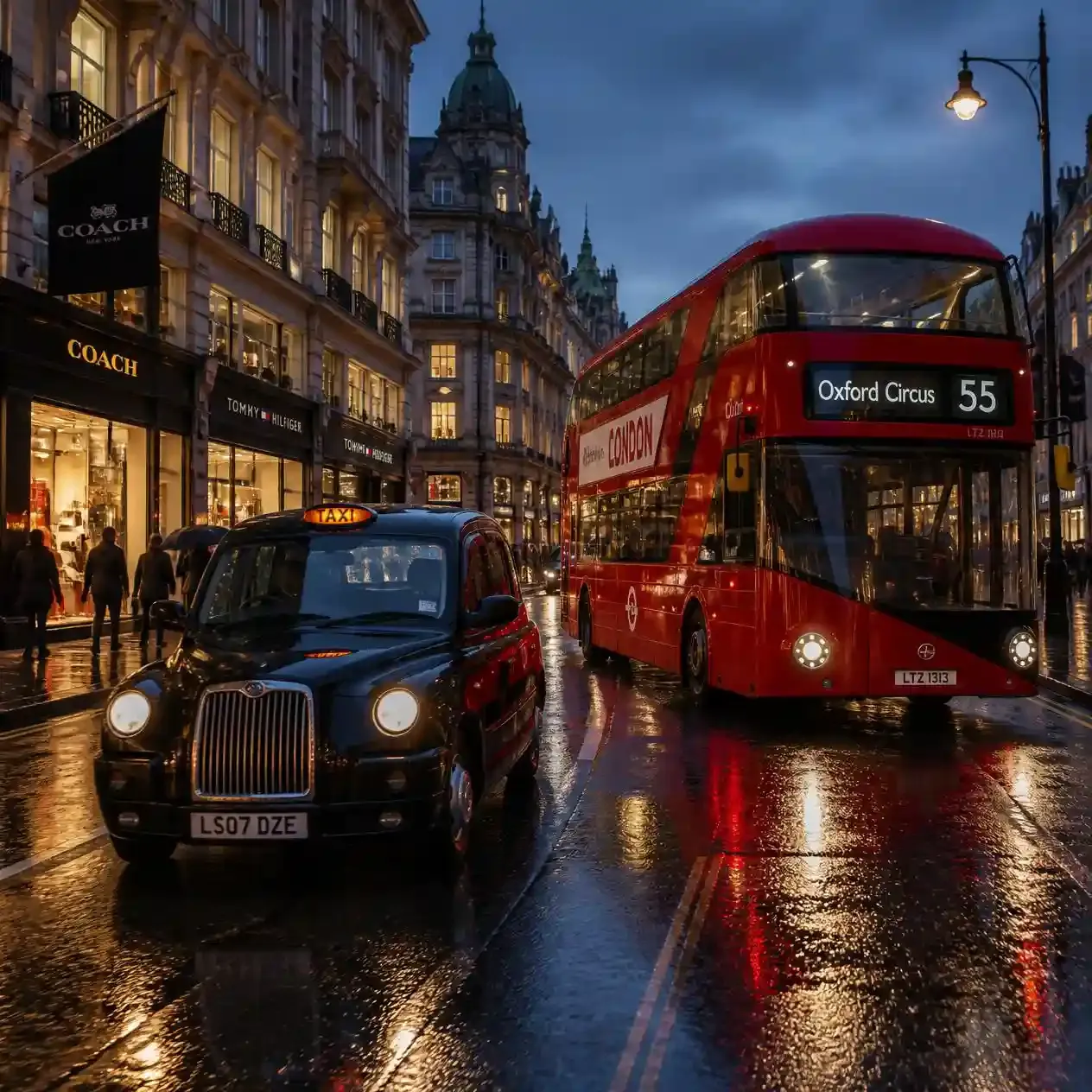 A London black cab and red double-decker bus passing on a wet central London street at dusk, illustrating getting around London by tube versus taxi