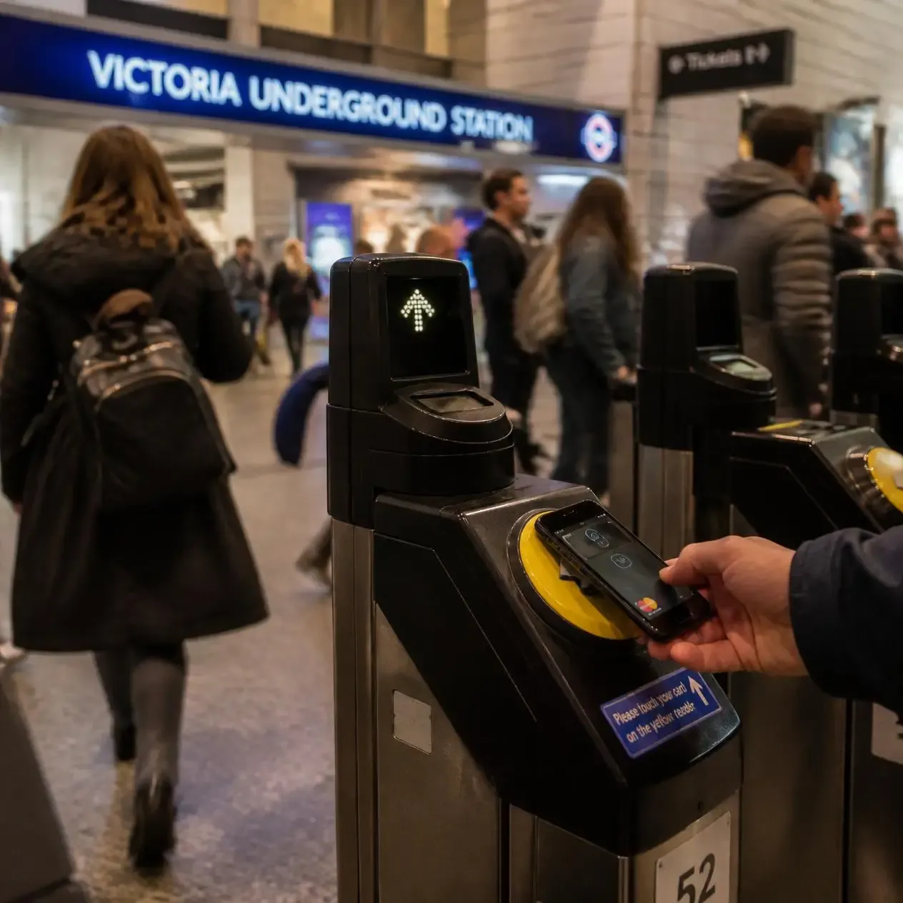 A traveller tapping a phone on a yellow contactless reader at a London Underground gateline, the simplest way to pay when getting around London
