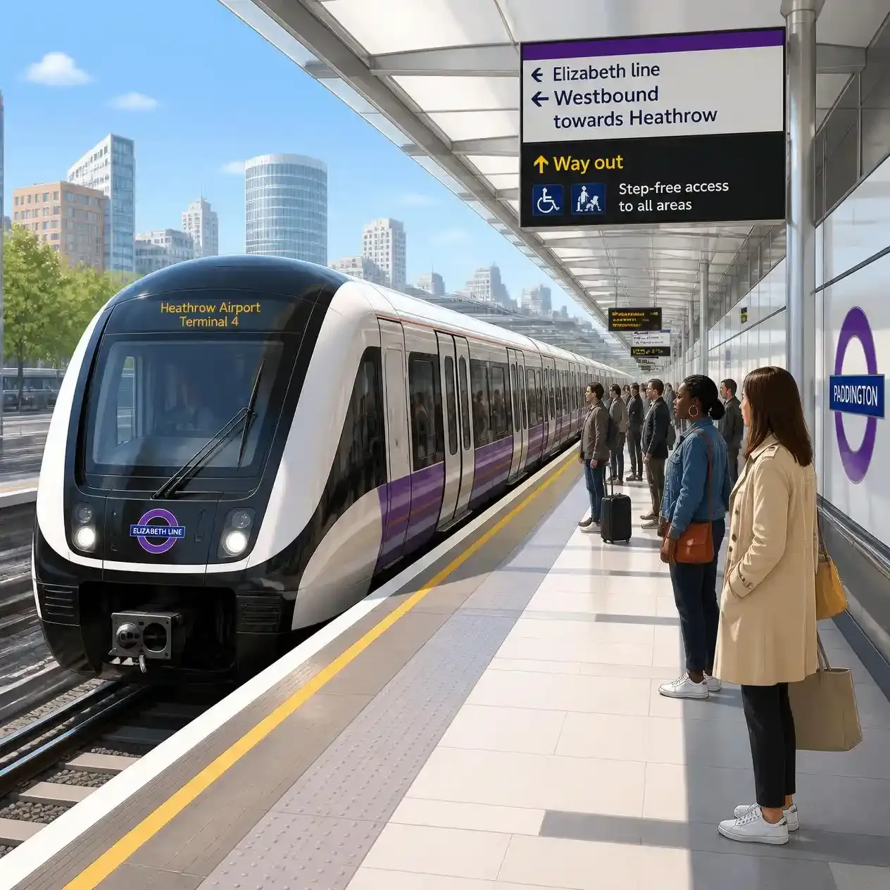 A modern Elizabeth line train at a spacious step-free London platform, a fast way of getting around London and reaching Heathrow