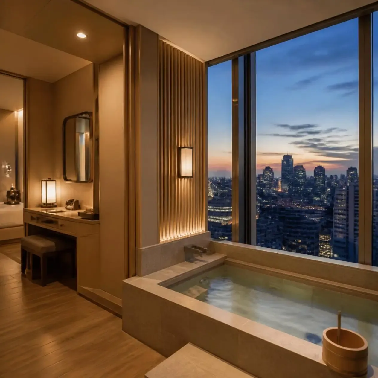 Deluxe Onsen room with large bed, work desk and floor-to-ceiling window overlooking Thonglor at Grande Centre Point Sukhumvit 55 in Bangkok