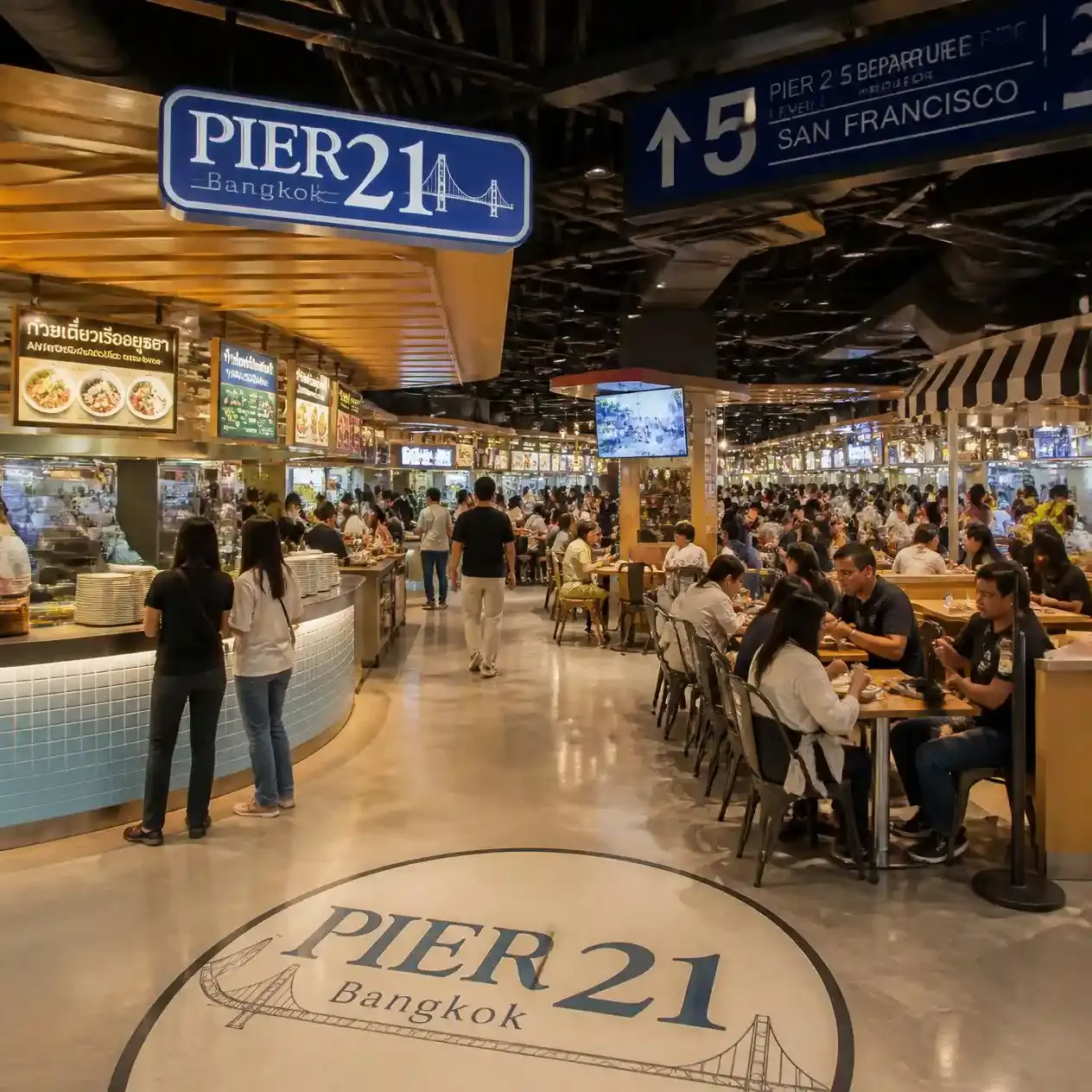 Diners eating at long tables among food stalls at the Pier 21 food court on the fifth floor of Terminal 21 Asok in Bangkok