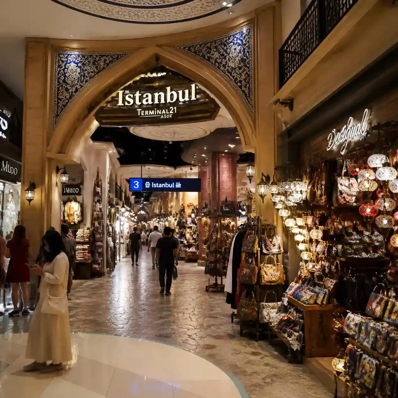 Souk-style arches and small accessory stalls on the Istanbul-themed third floor of Terminal 21 Asok in Bangkok