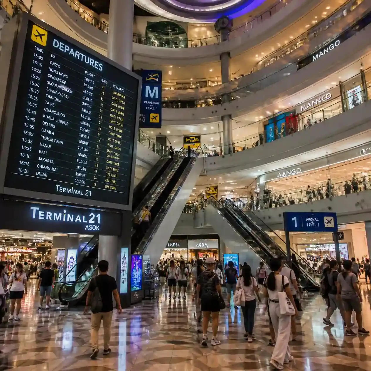 Central atrium of Terminal 21 Asok in Bangkok with airport-style departure boards and long escalators rising between themed floors