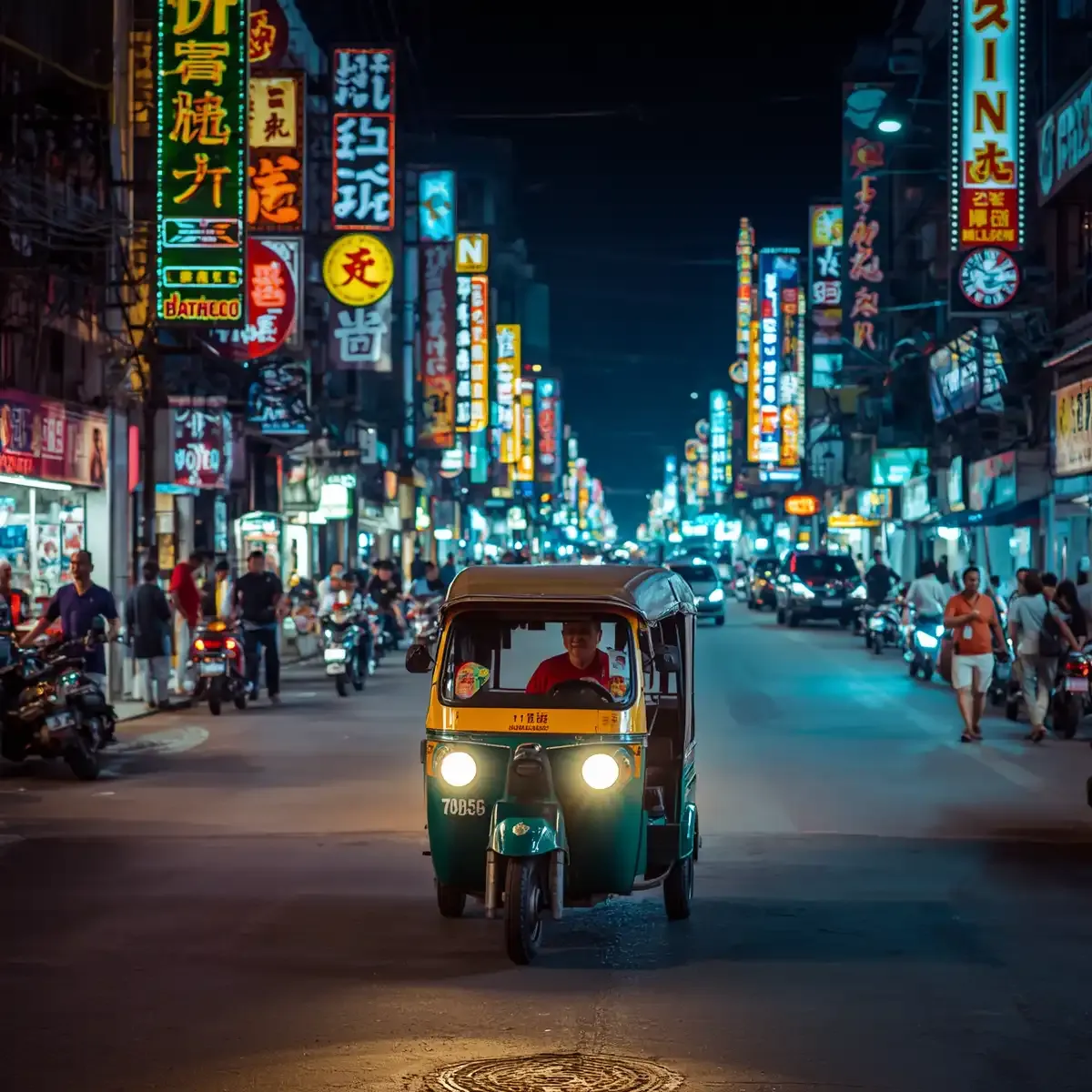 Tuk-tuk moving through a neon-lit Bangkok street at night on a Bangkok tuk tuk night tour