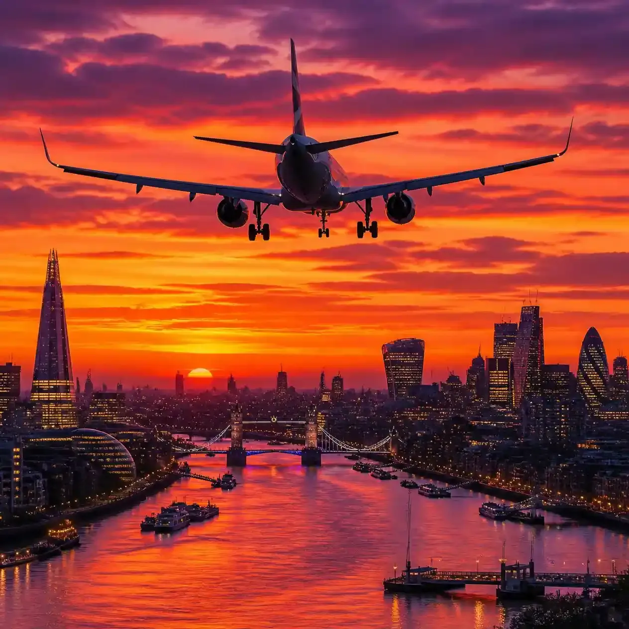 Aircraft on final approach to a London airport at sunset with the city skyline behind, a guide to London airports