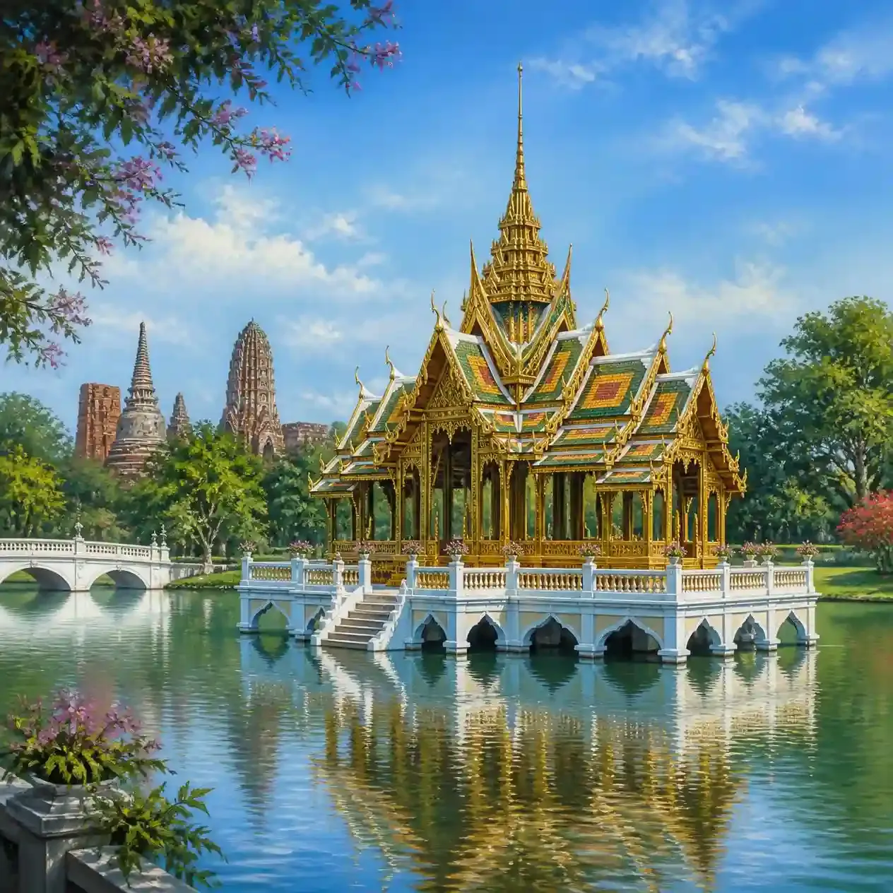 Aisawan Thiphya-Art pavilion in classical Thai style standing on the lake at Bang Pa-In Royal Palace near Ayutthaya Thailand