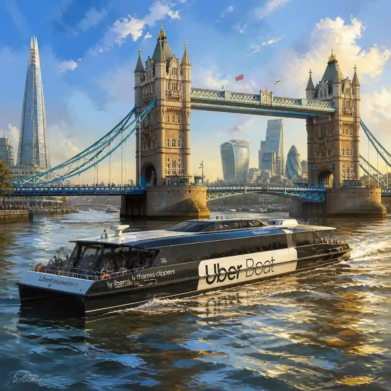 An Uber Boat by Thames Clippers river bus on the Thames passing Tower Bridge in London on a clear day
