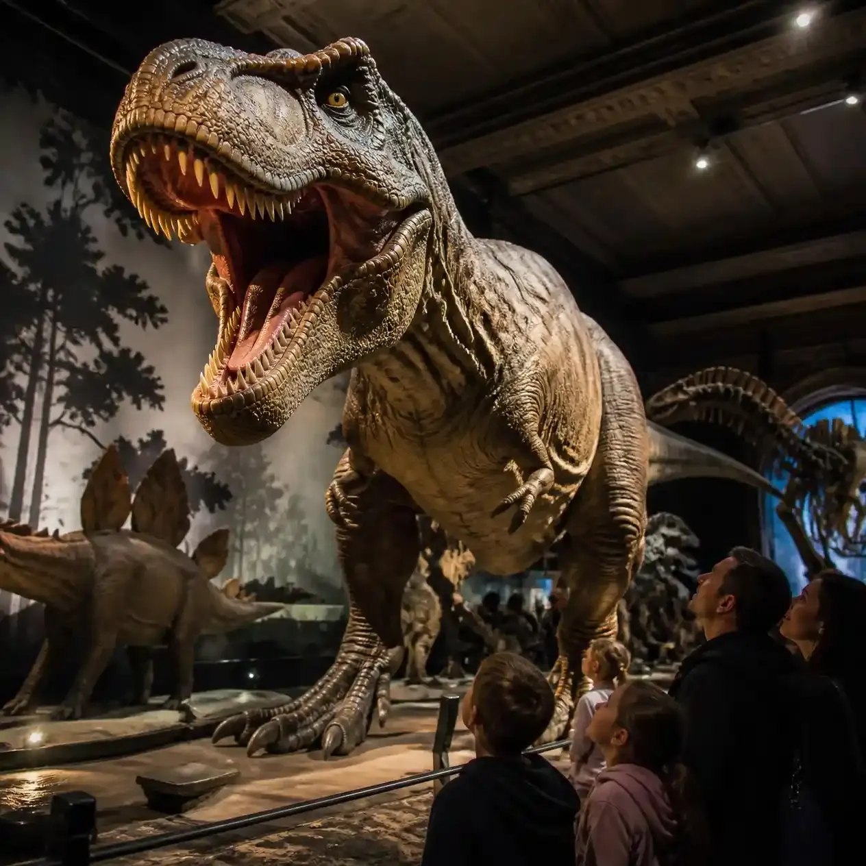 The animatronic T. rex roaring in the Dinosaurs gallery of the Natural History Museum, London's most queued-for exhibit