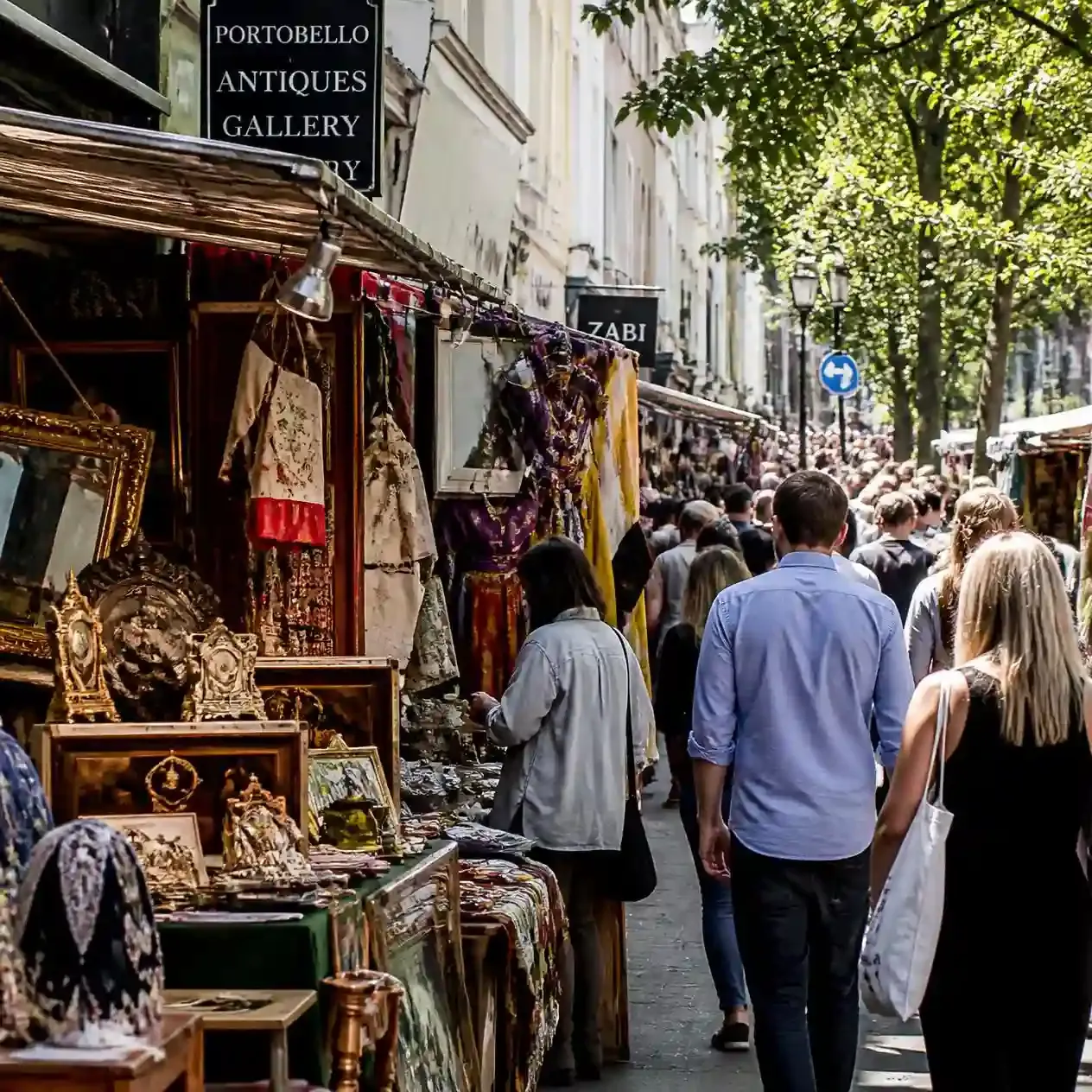 Antique and bric-a-brac stalls lining Portobello Road Market in Notting Hill, London, on a Saturday
