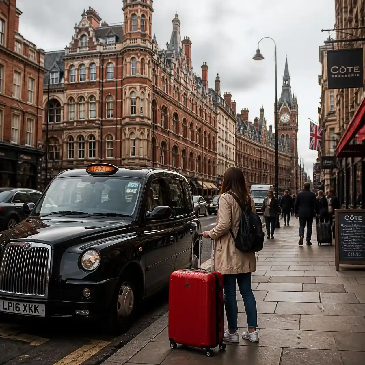 Traveller arriving with luggage beside a black cab on a London street after clearing UK passport control