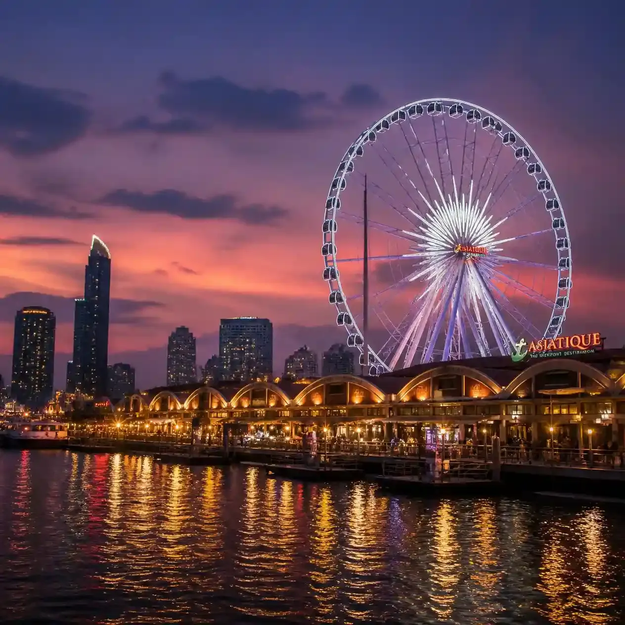 The Asiatique Sky Ferris wheel and restored warehouse buildings lit at dusk on the Bangkok riverfront