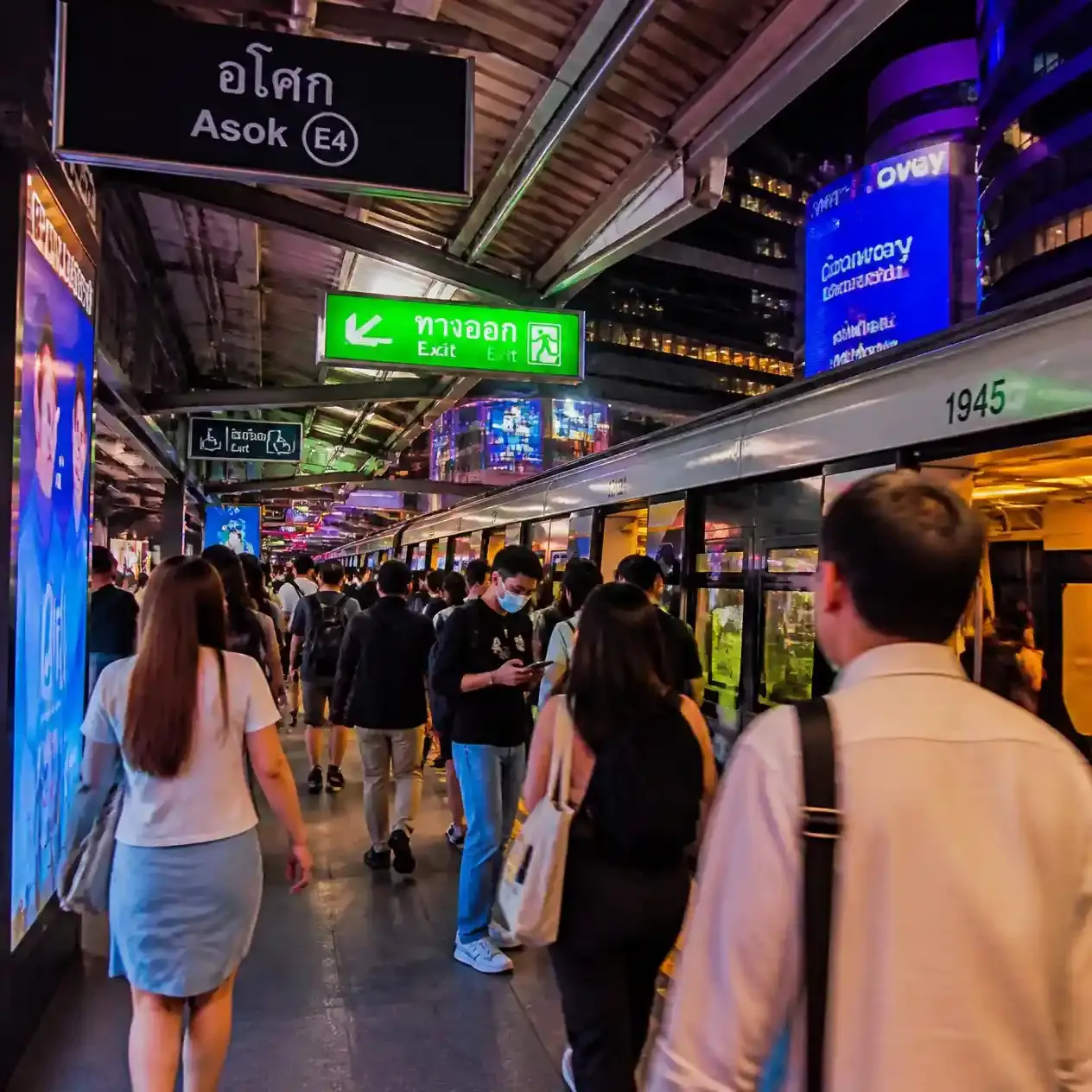 Evening commuters waiting on the BTS Skytrain platform at Asok station in central Bangkok