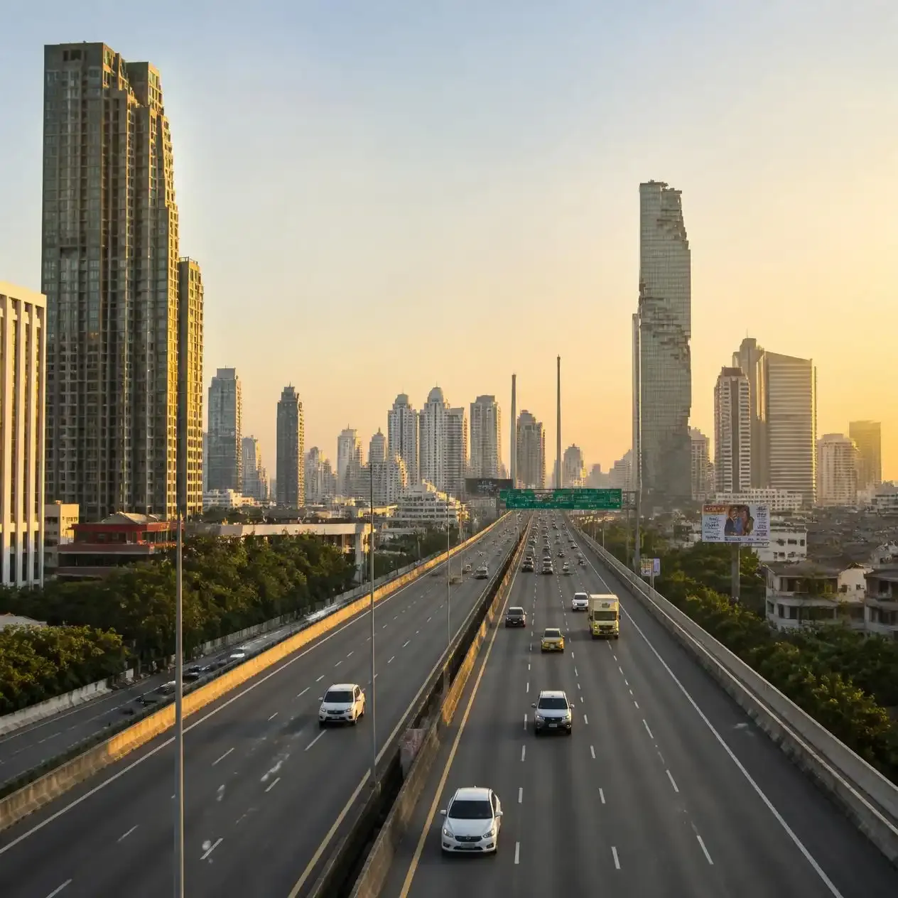 Elevated Bangkok expressway heading northeast out of the city in early morning light towards Khlong Sam Wa