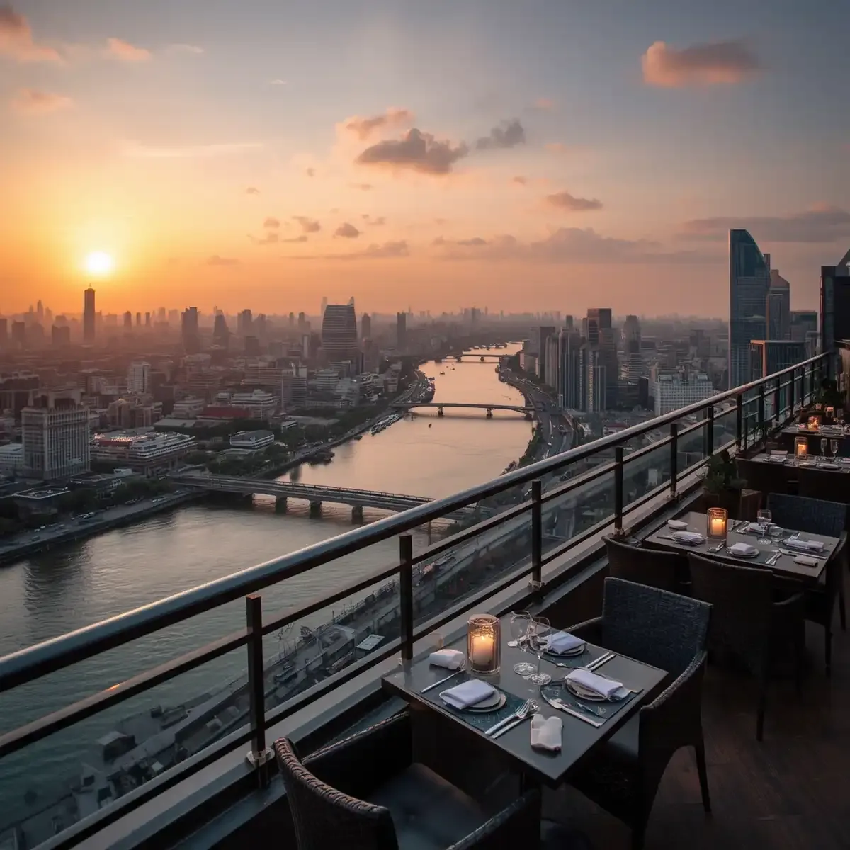 Bangkok skyline at golden hour seen from a high open-air rooftop restaurant deck with the Chao Phraya River curving in the distance