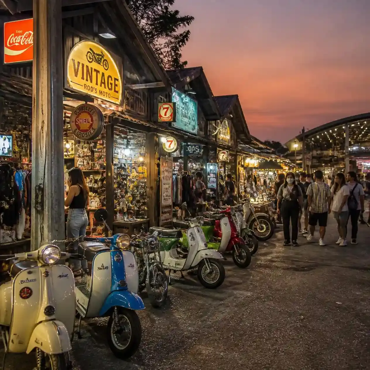 Retro signage, restored scooters and vintage stalls at Talad Rot Fai Srinagarindra flea market in Bangkok at dusk