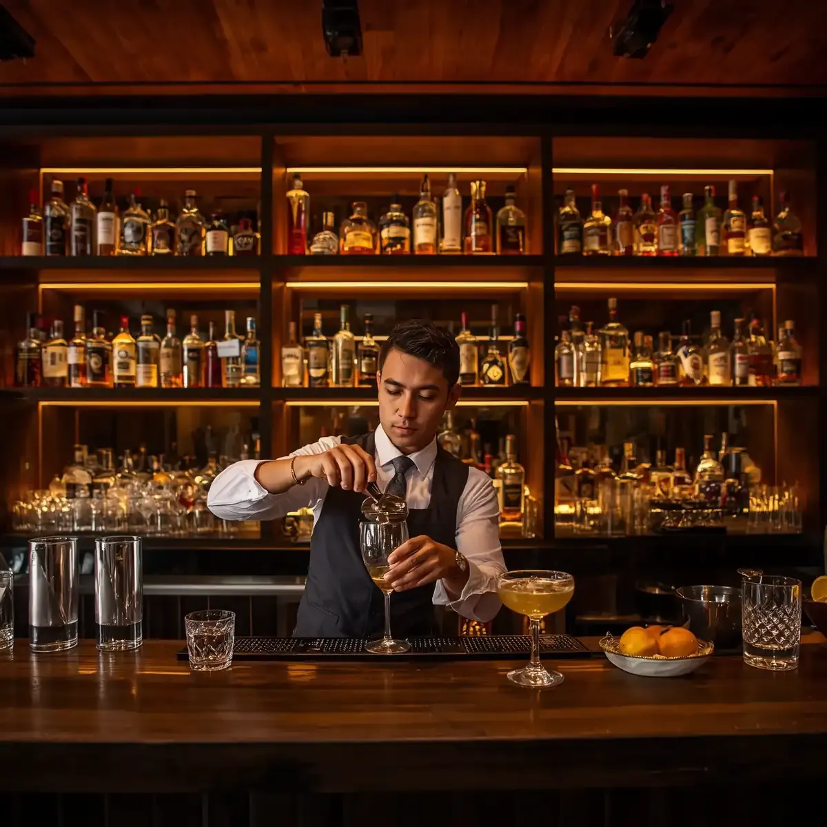 Bartender stirring a cocktail behind a dark wood counter in a small Thonglor cocktail bar in Bangkok