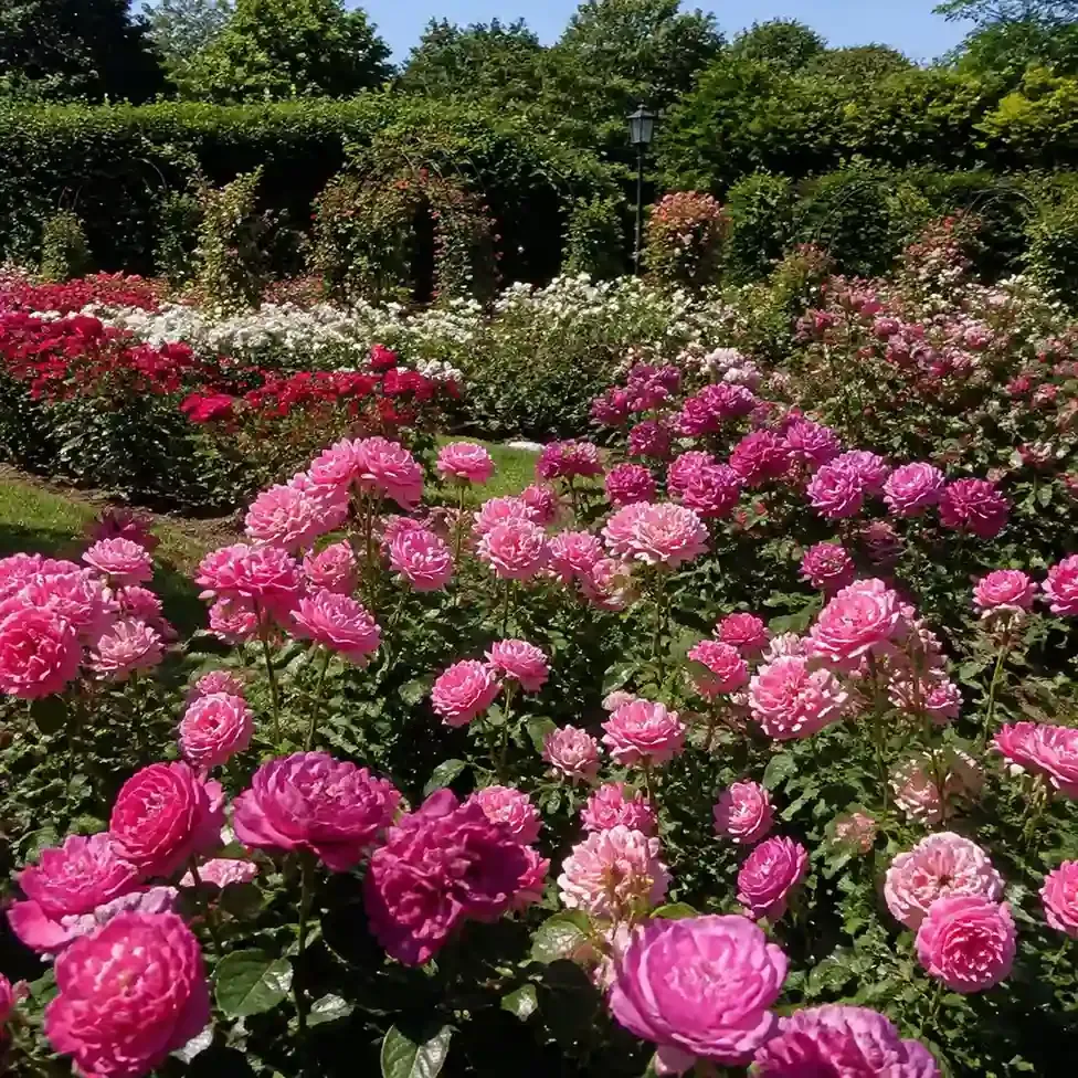 Formal rose beds in full summer bloom at Queen Mary's Gardens in Regent's Park London