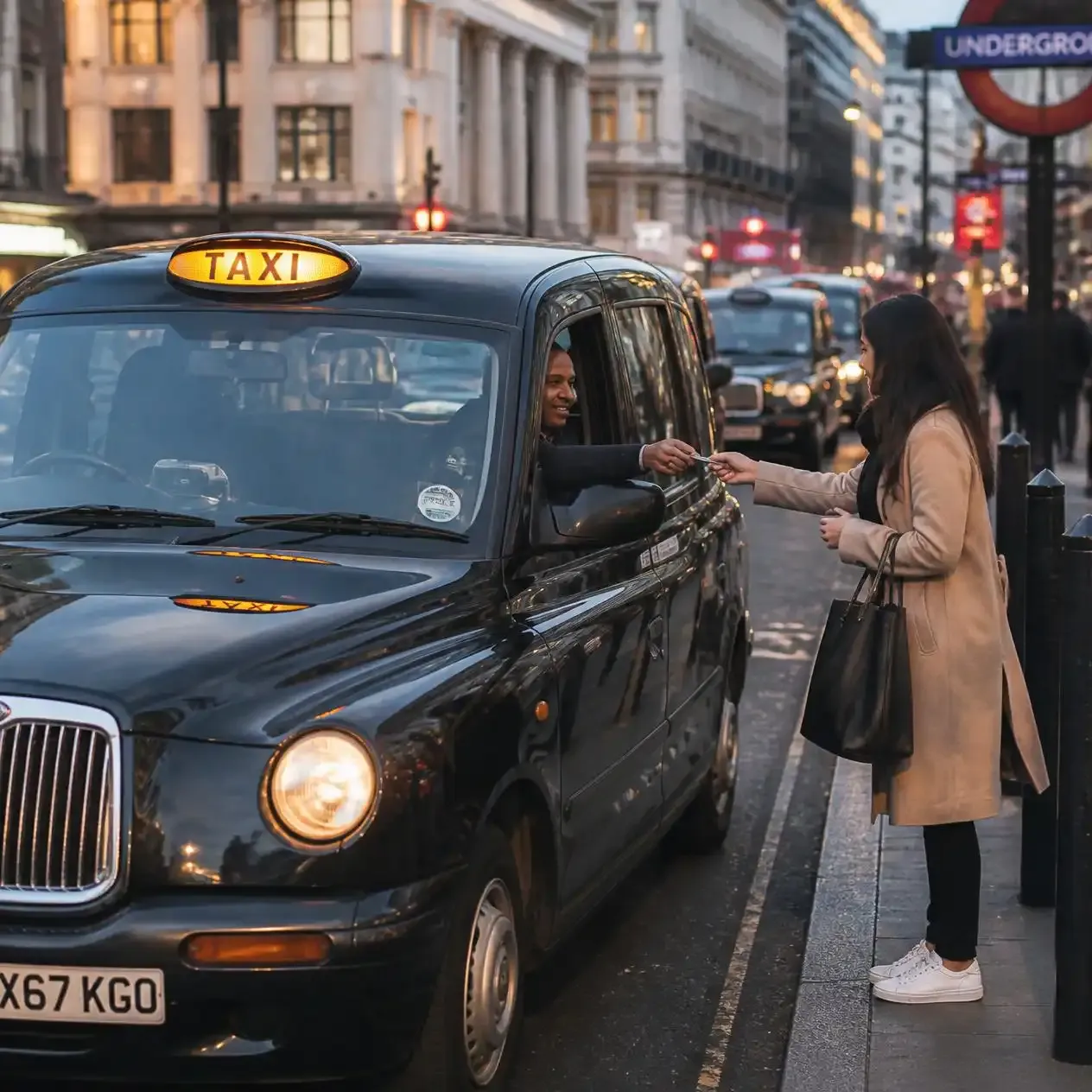 Passenger paying a black London taxi by contactless card, a common everyday payment in London
