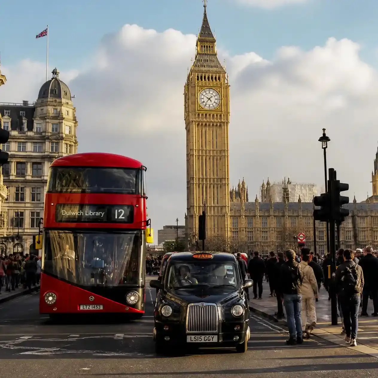 A black cab and red double-decker bus at a Westminster crossing with Big Ben behind, showing London traffic driving on the left