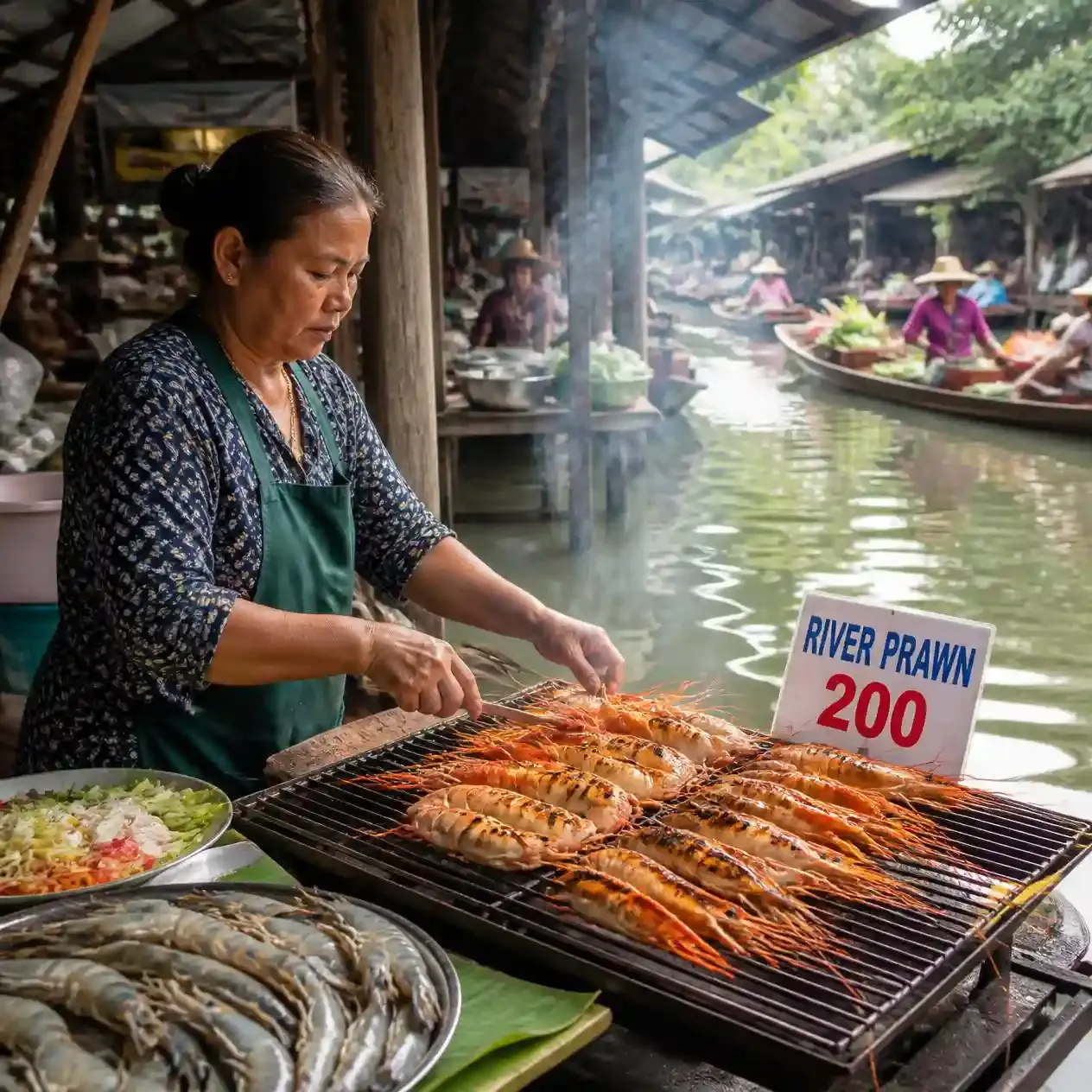 Boat vendor grilling river prawns beside the canal at Khlong Lat Mayom floating market in Bangkok