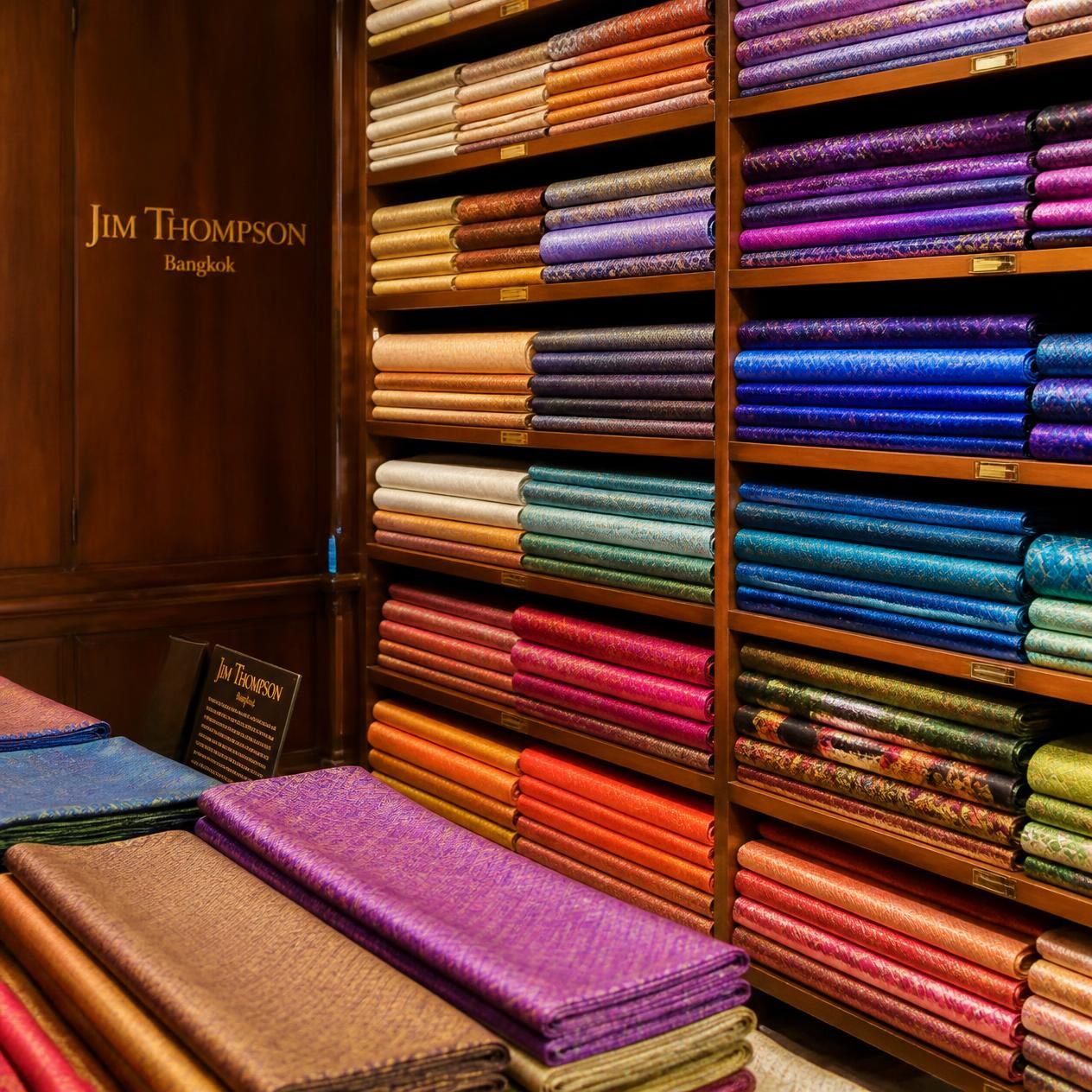 Stacked bolts of handwoven Thai silk in jewel colours on shelves at the Jim Thompson store in Bangkok