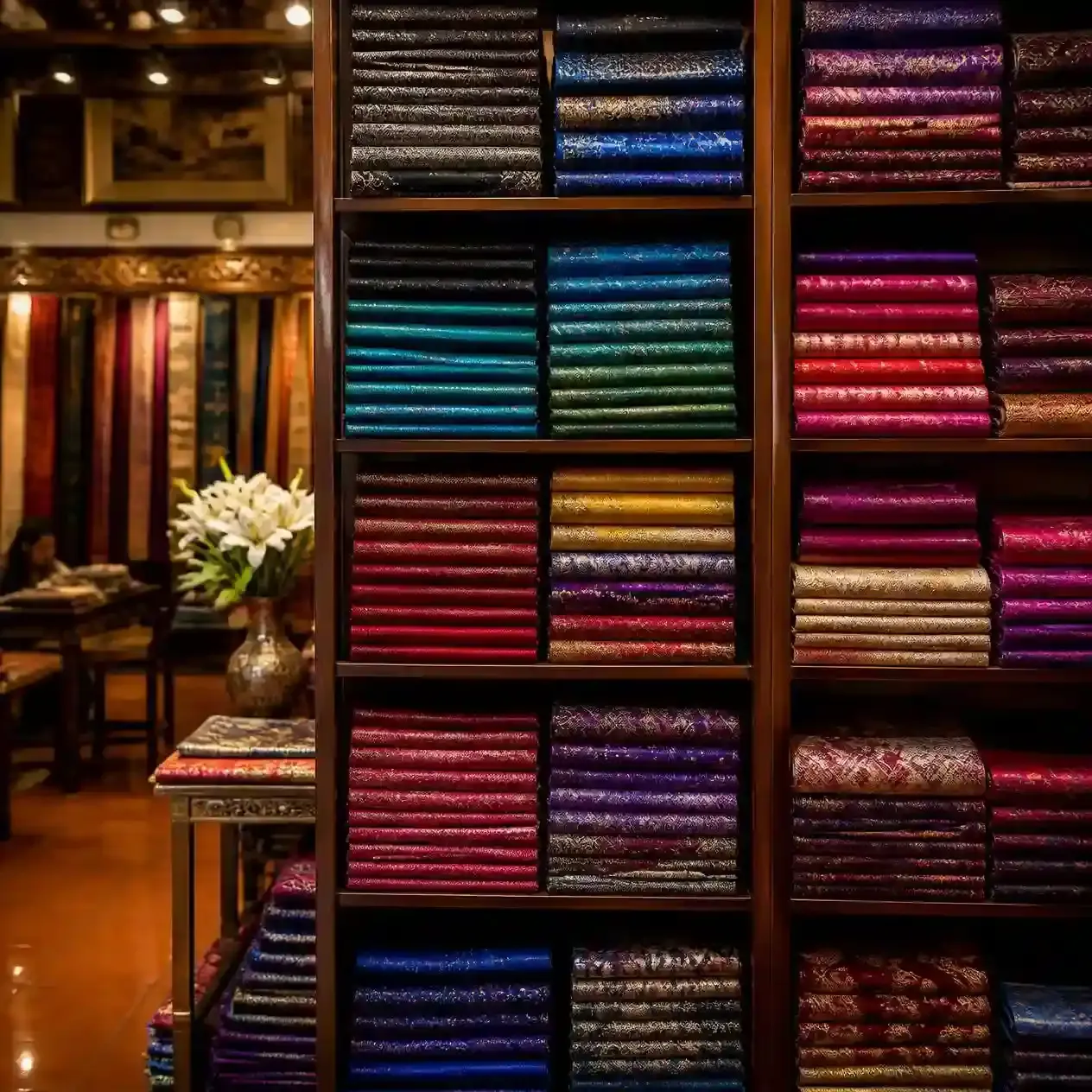 Bolts of handwoven Thai silk in deep jewel colours stacked on wooden shelves in a Bangkok textile shop