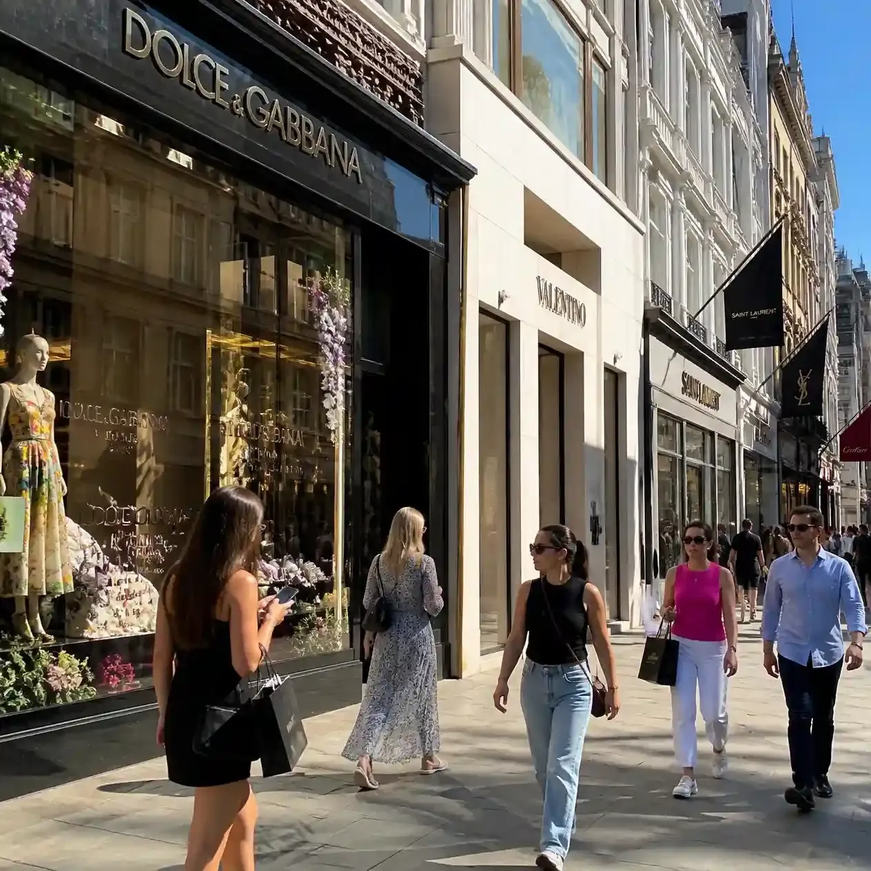 Luxury shopfronts on Bond Street in Mayfair, London, where boutiques offer direct-export tax-free shipping