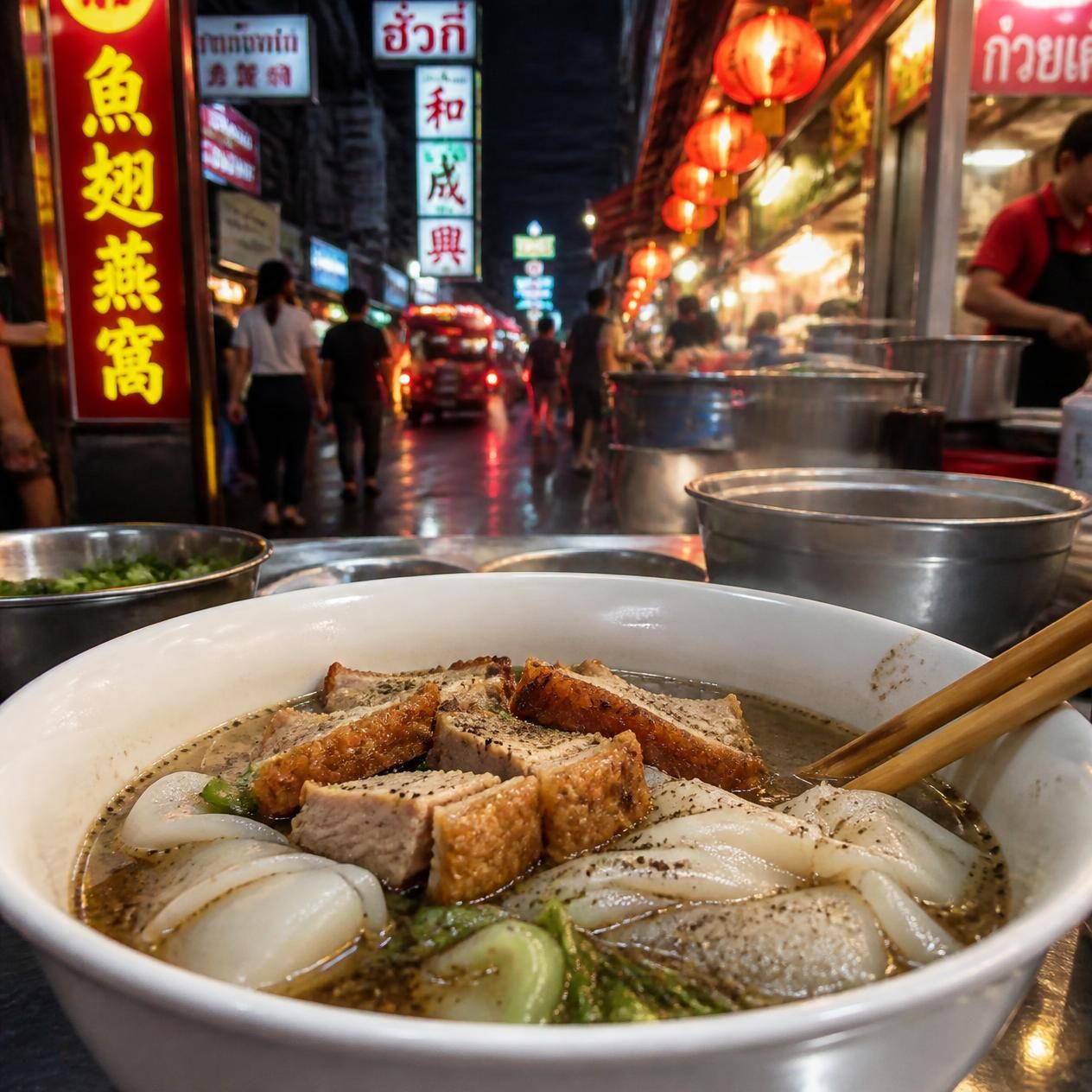Bowl of guay jub rolled rice noodles in peppery pork broth with crispy pork belly at a Yaowarat street stall in Bangkok