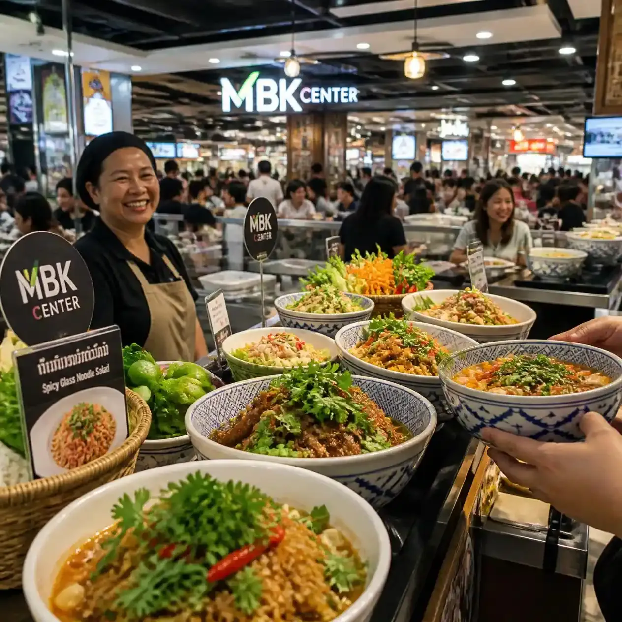 Thai dishes served at a food hall counter on an upper floor of MBK Center Bangkok