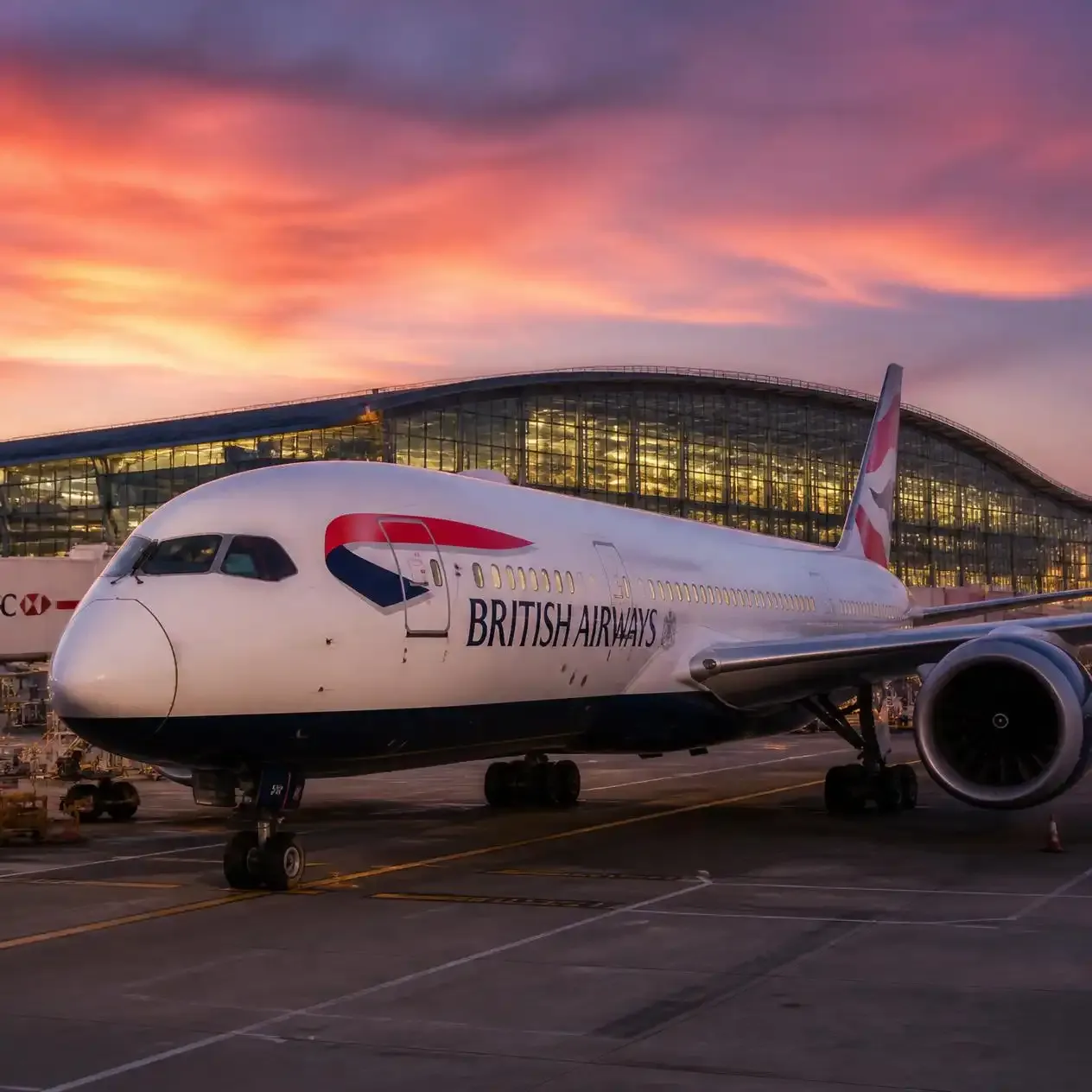Aircraft on stand at London Heathrow Airport Terminal 5 at dusk, terminal building lit behind