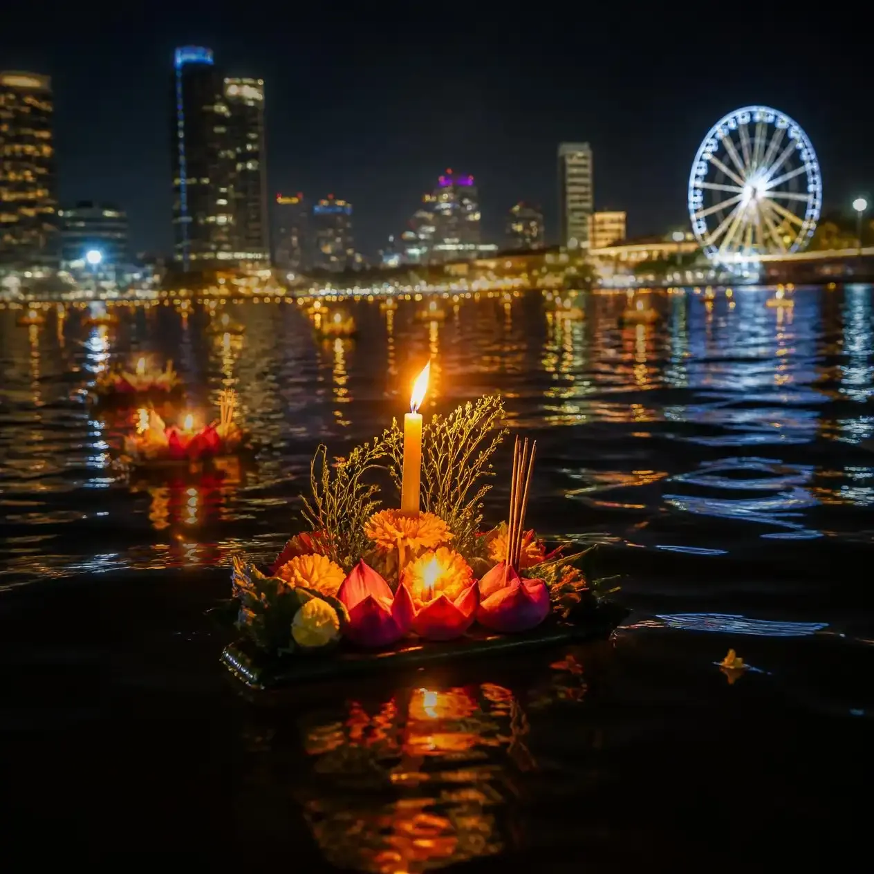 Candlelit banana-leaf krathongs floating on the Chao Phraya River in Bangkok at night during the Loy Krathong festival