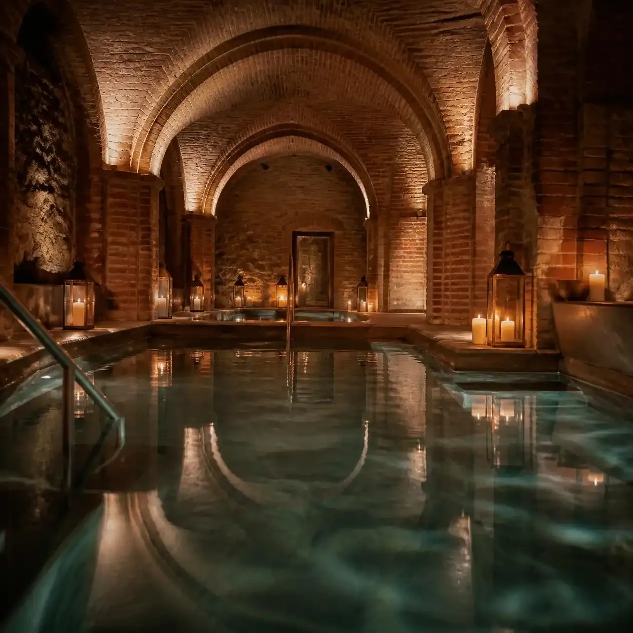 Candlelit thermal pool beneath brick vaulting at AIRE Ancient Baths London near Covent Garden
