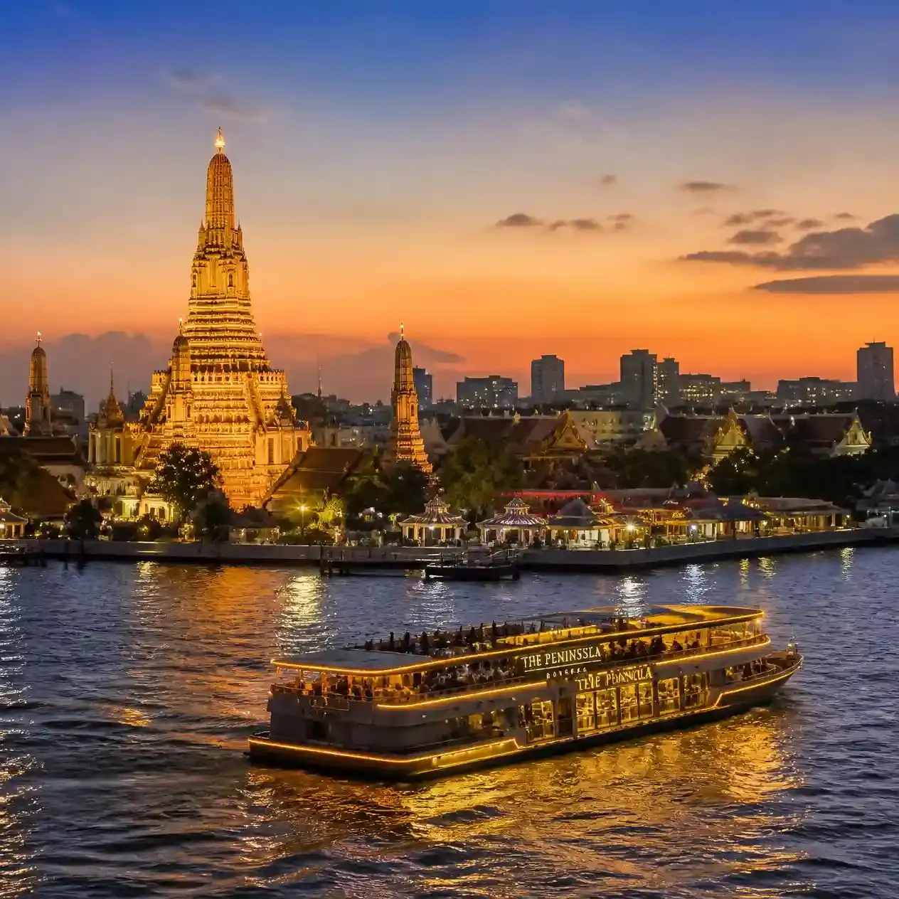Dinner cruise boat on the Chao Phraya river in Bangkok at dusk with illuminated temple spires behind