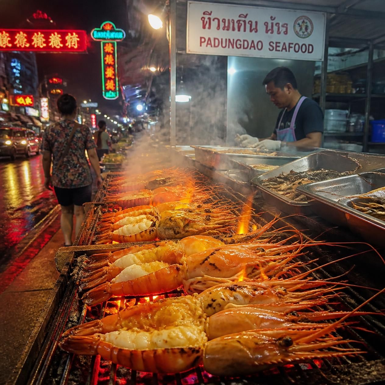 Charcoal-grilled river prawns being turned at an outdoor seafood stall on Soi Phadung Dao in Bangkok's Chinatown