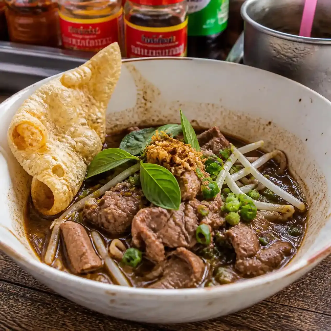 Bowl of Thai boat noodles topped with beef, fresh herbs and crispy pork rind at a noodle stall in Bangkok