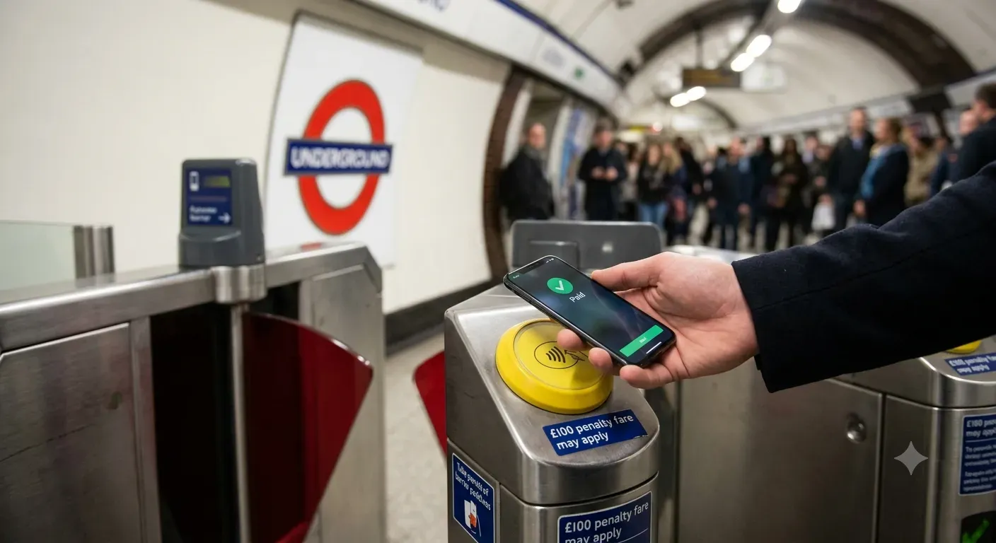 Contactless phone payment at a London Underground gateline, which relies on a working connection or stored card