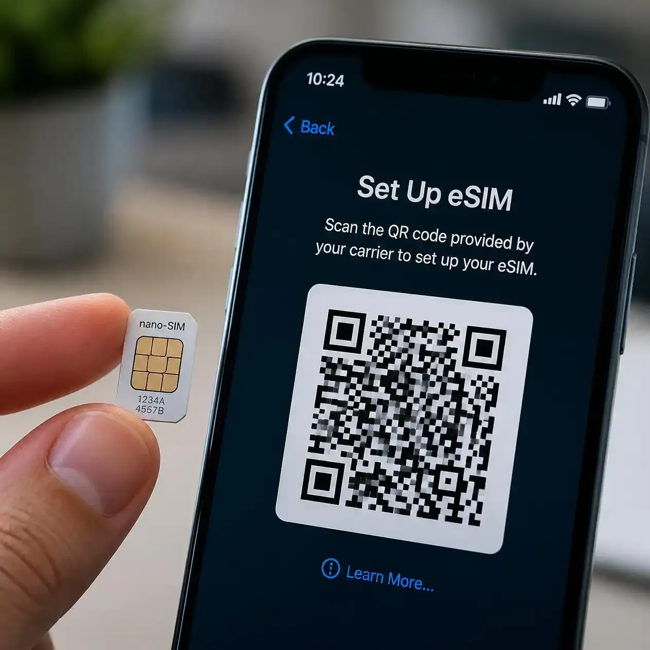 Hand holding a nano-SIM card next to a phone displaying an eSIM QR code activation screen