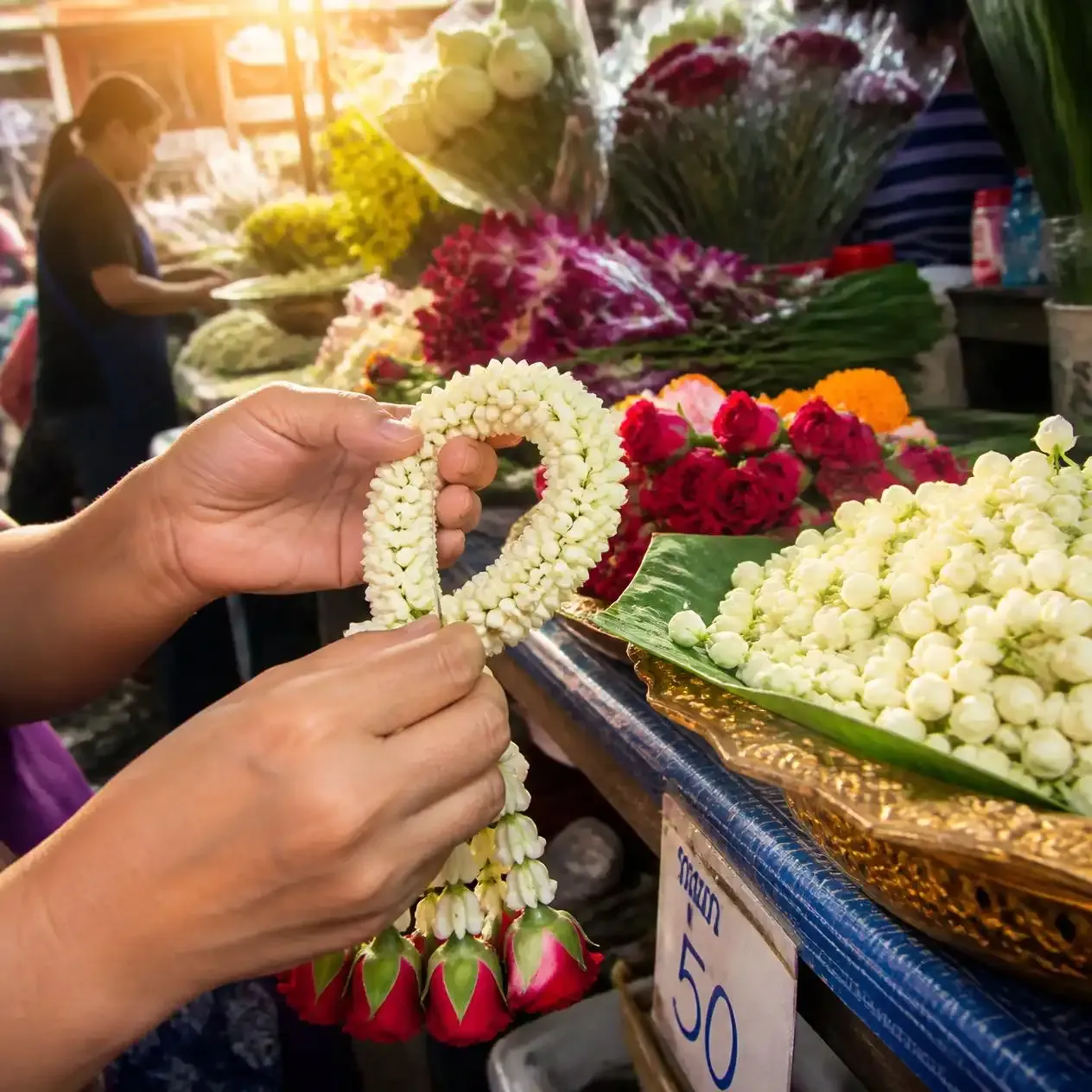 Vendor's hands threading jasmine buds into a phuang malai garland at Pak Khlong Talat flower market in Bangkok
