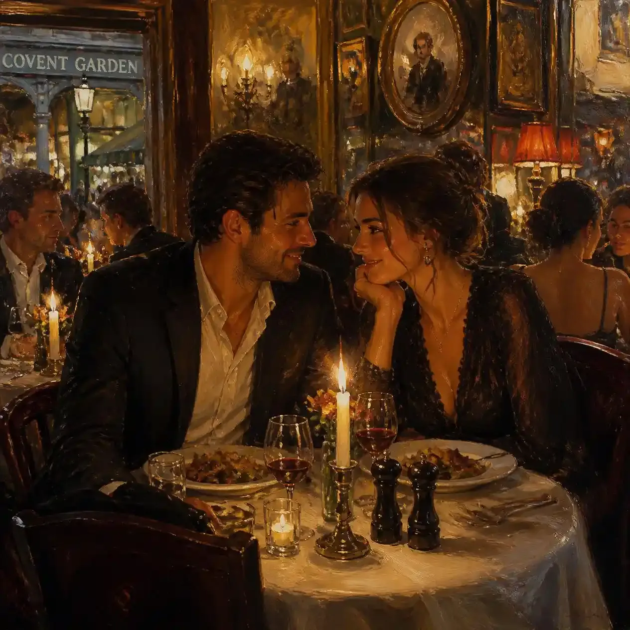 Couple sharing a candlelit pre-theatre dinner at a Covent Garden restaurant before a West End show