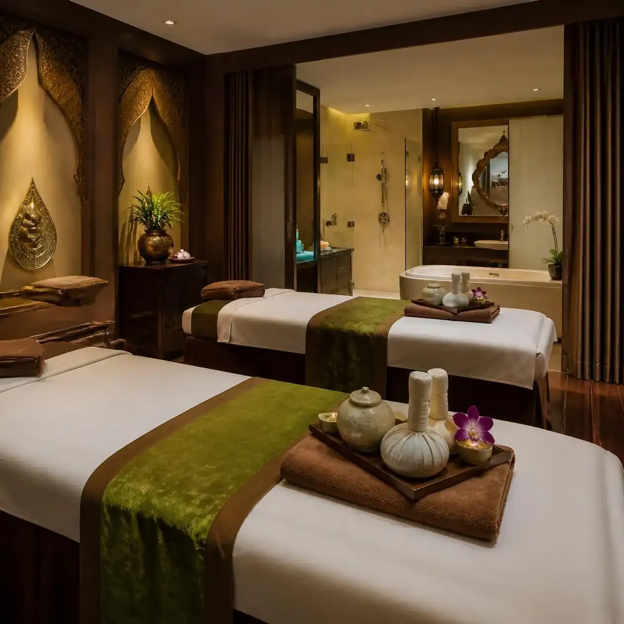 Private couples treatment room in a Bangkok spa with two massage beds, herbal compresses and low warm lighting