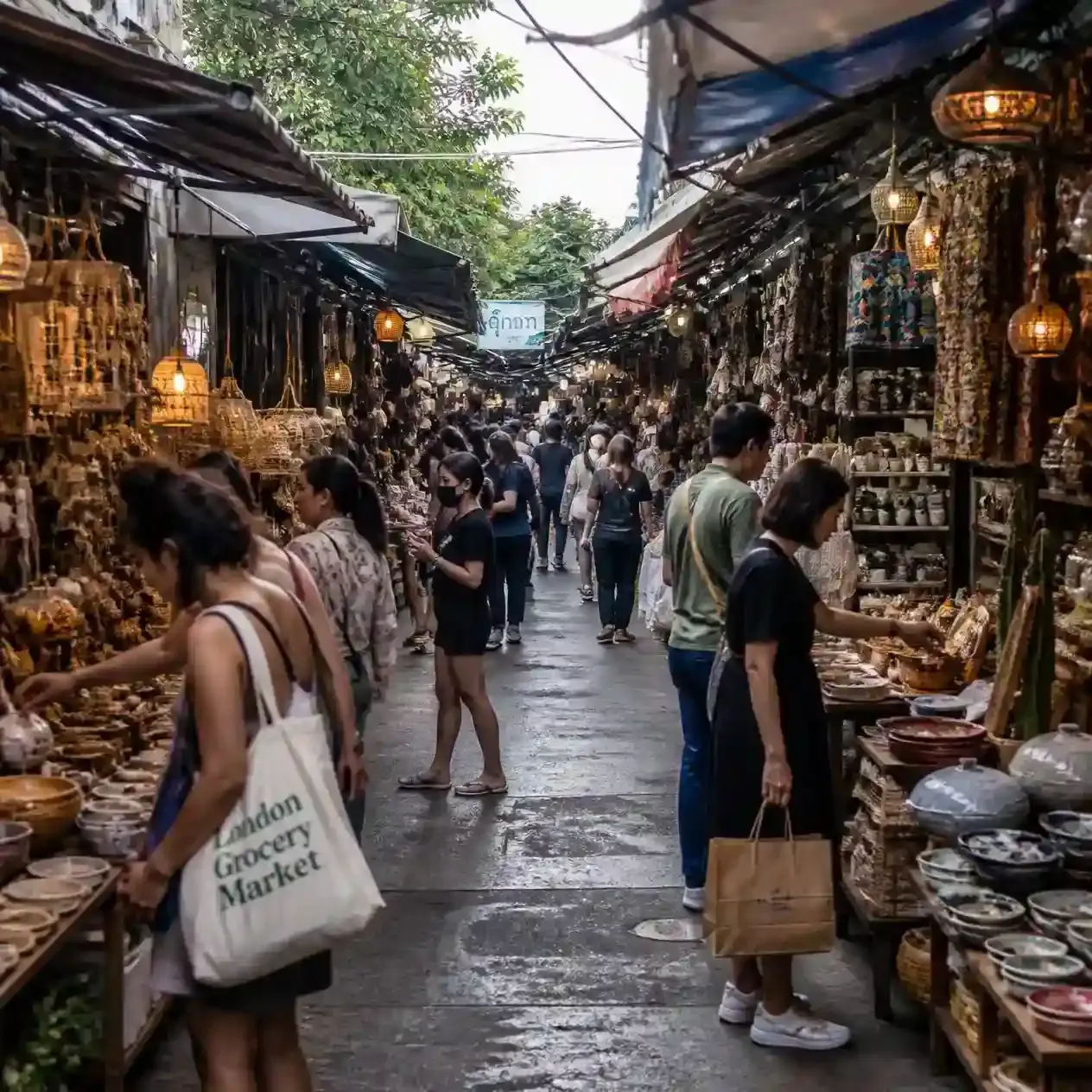 Shoppers browsing craft and homeware stalls in a narrow covered lane at Chatuchak Weekend Market in Bangkok