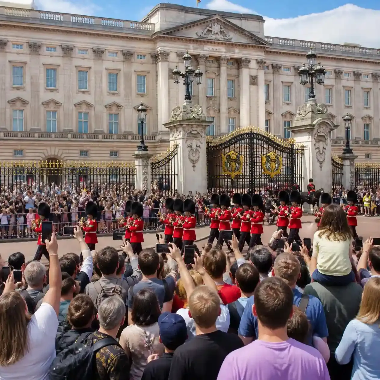 Visitors watching the Changing the Guard ceremony from behind the marked lines outside Buckingham Palace in London