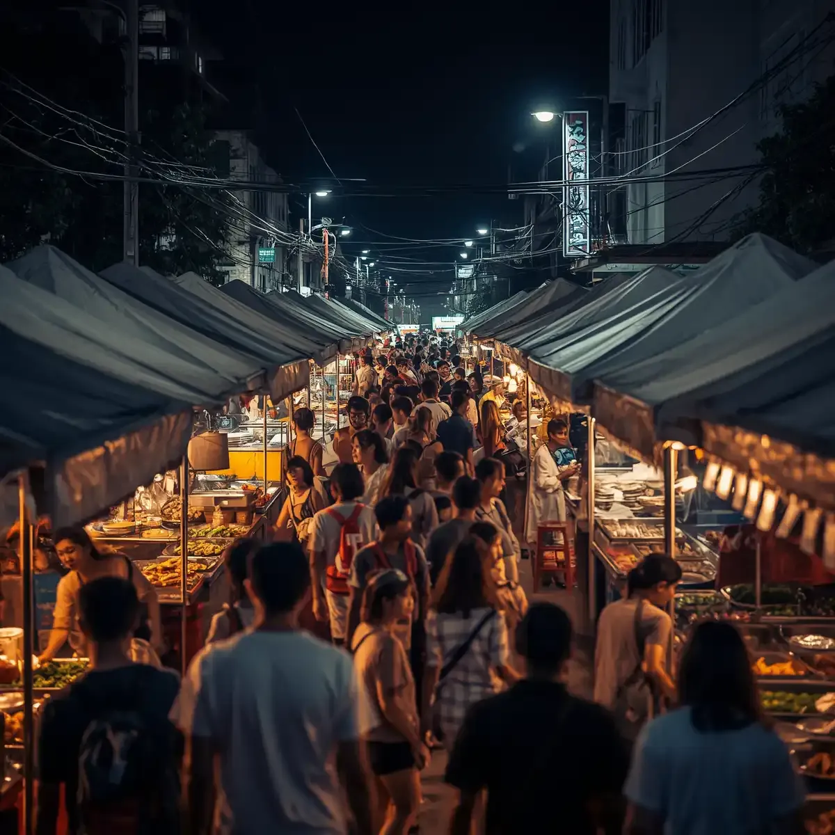 Crowds walking between white canopied food stalls at Jodd Fairs night market on Ratchadaphisek Road in Bangkok