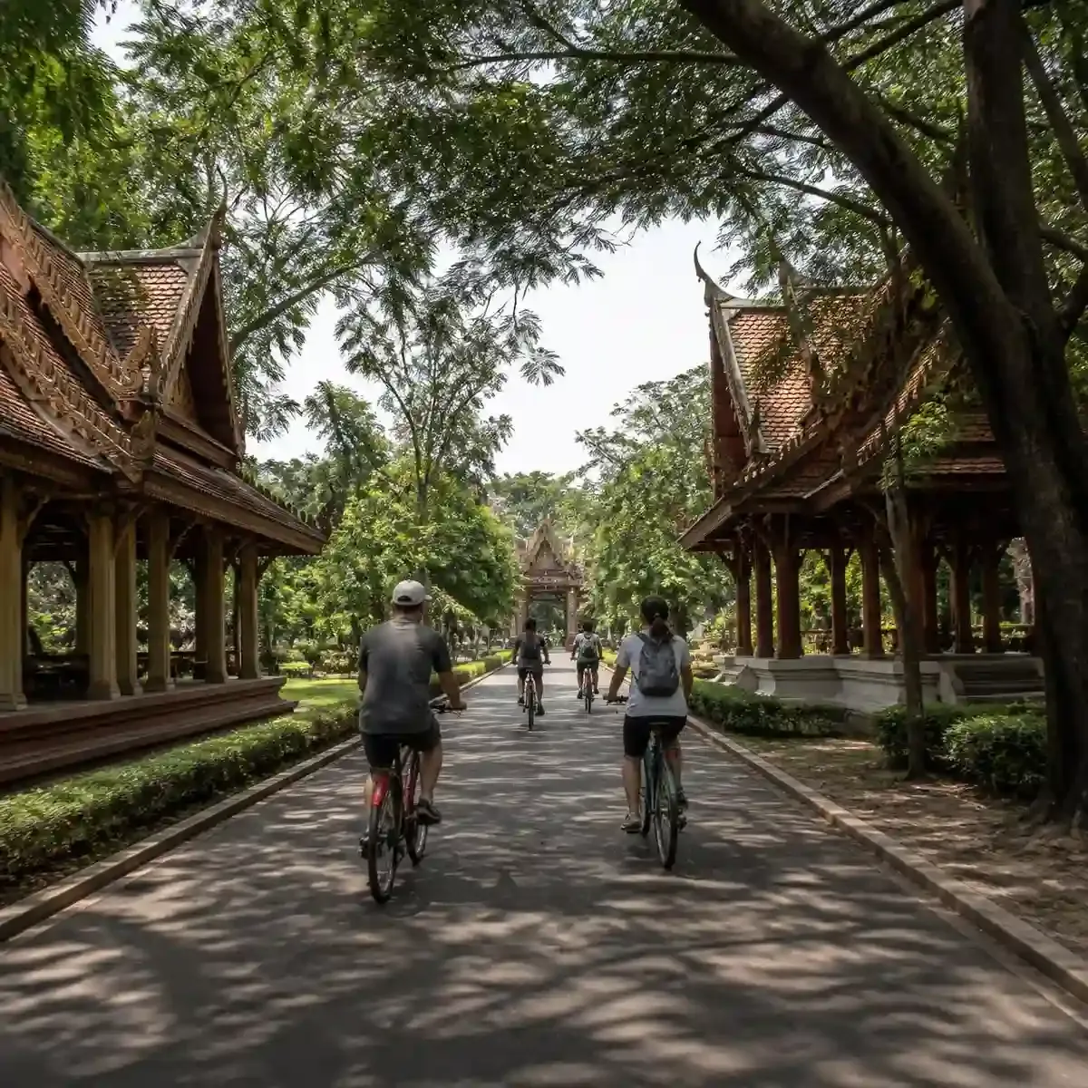 Visitors cycling along a shaded tree-lined path between temple pavilions at Ancient Siam Bangkok in Samut Prakan