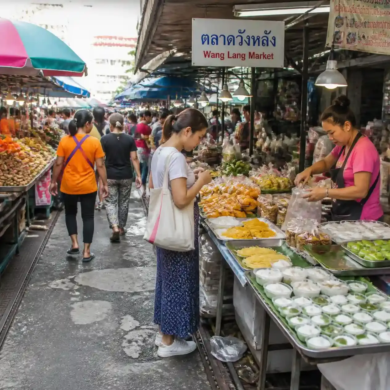 Shoppers passing produce and snack stalls at Wang Lang Market on the Thonburi side of Bangkok during the day