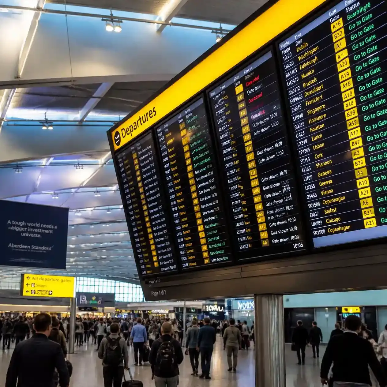 Departures board at London Heathrow Terminal 5, part of a guide to flying out of London airports