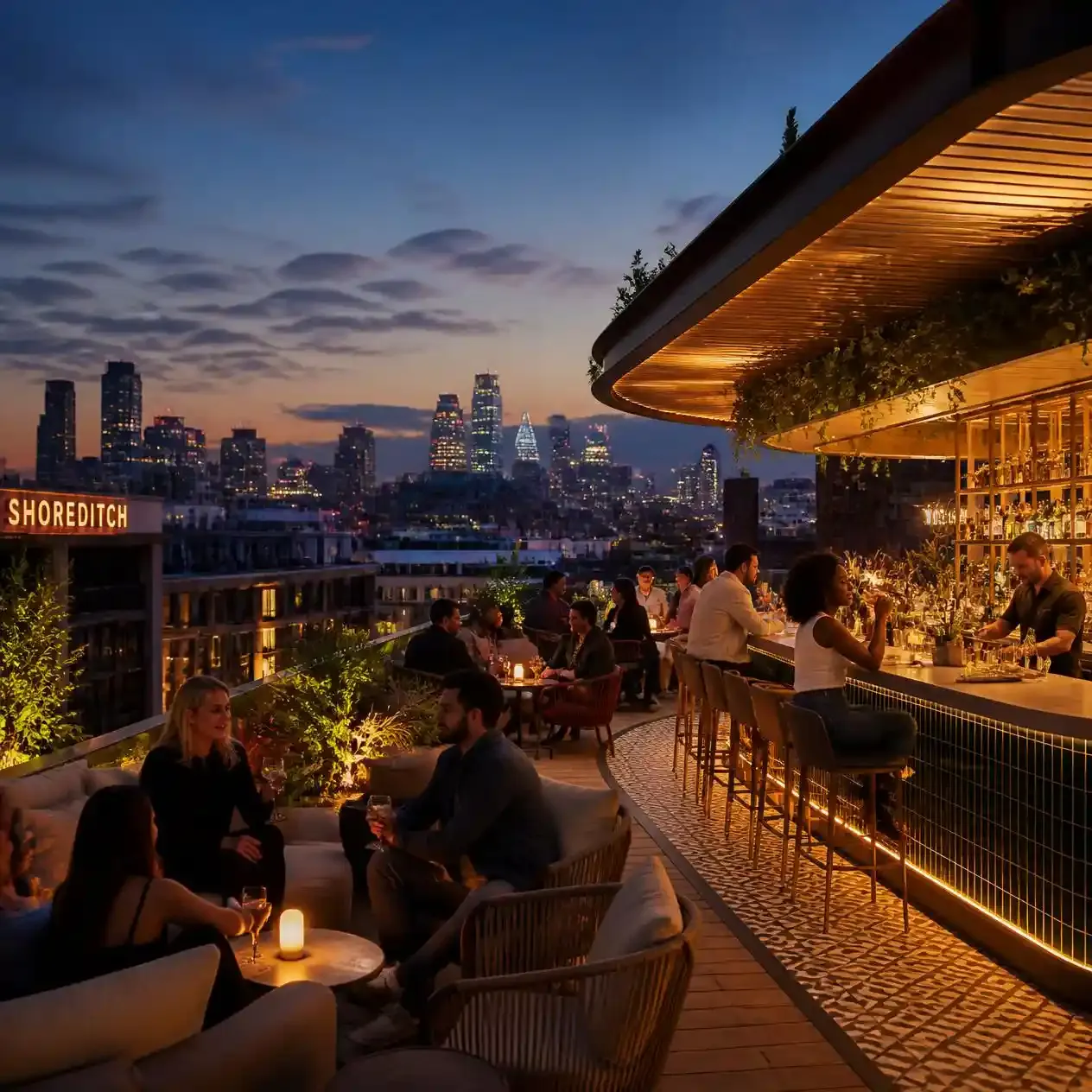 Design-led rooftop bar at a Shoreditch hotel in East London at dusk with skyline views