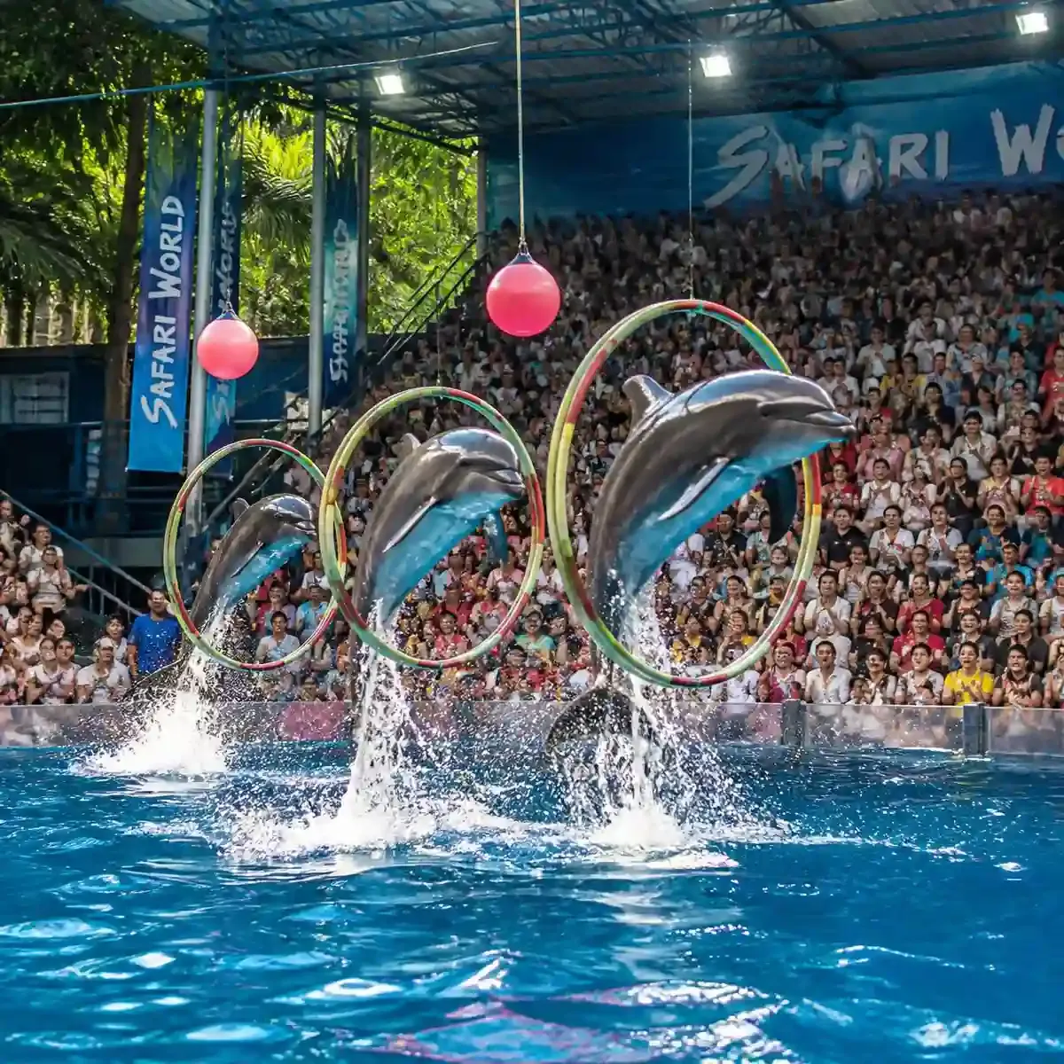 Dolphins performing in the Marine Park arena at Safari World Bangkok in front of tiered audience seating