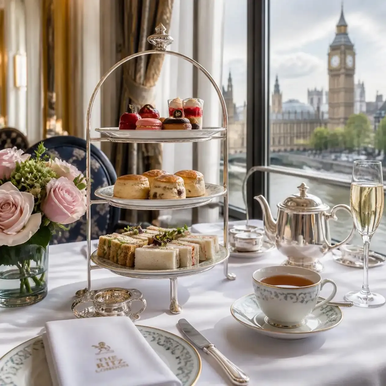 Elegant afternoon tea with a tiered stand of sandwiches, scones and pastries at a London hotel before a West End show