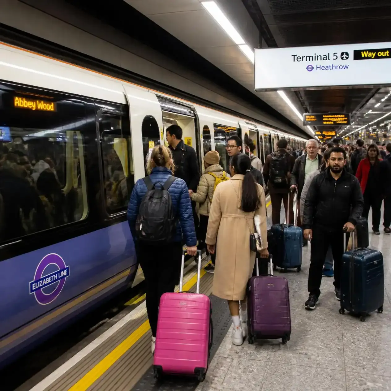 Elizabeth line train at a London Heathrow Airport rail platform with passengers and luggage on the platform